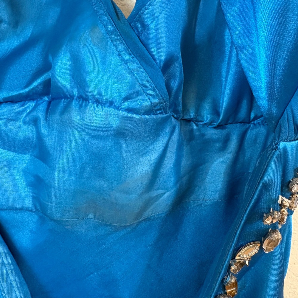 Cache Formal Dress Women 2 Blue Vintage Y2K Rhinestone Satin Halter Gown Bling - Picture 6 of 9
